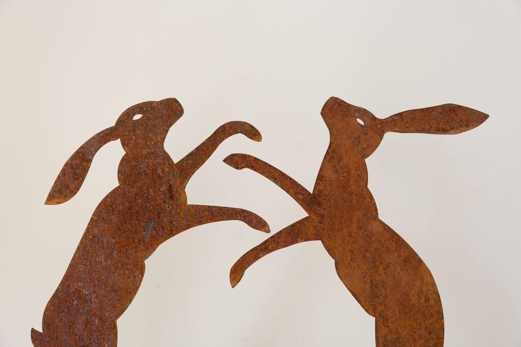 Pair Large Rusty Boxing Hares on Stands - Decorative Antiques UK  - 2