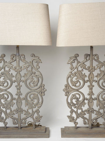 Pair Grey Balustrade Lamps with Natural Linen Shades