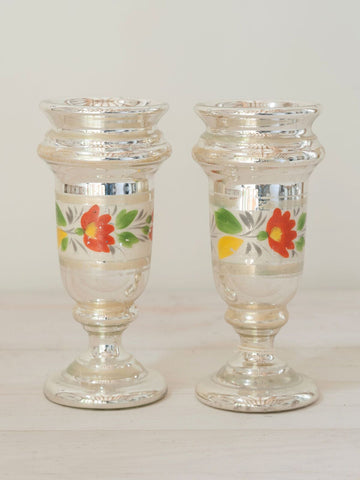 Pair Antique French Handpainted Mercury Glass Vases