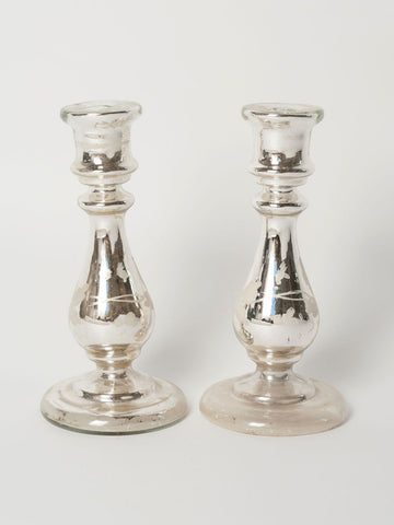 Pair Antique Swedish Mercury Glass Candlesticks with white handpainted design