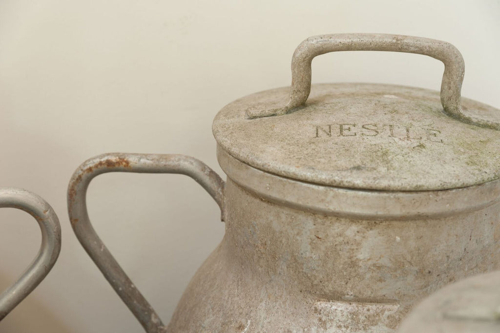 Vintage French Nestle Aluminium Lidded Milk Churns